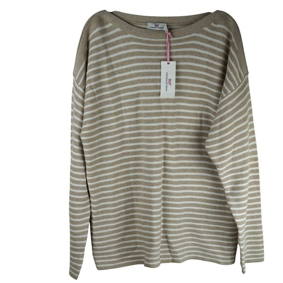 NWT Vineyard Vines Oatmeal Heather Stripe‎ Cotton Boatneck Sweater XL - Picture 1 of 7
